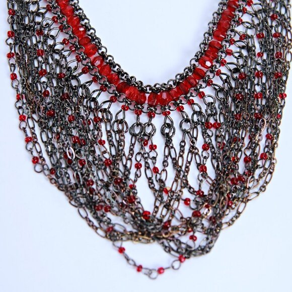 Vintage Red Black Beaded Multi Strand Draped Ovelapping Choker Necklace - Picture 5 of 5